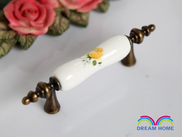 76mm hole distance long banded bronze ceramic handle with yellow rose pattern for drawer/wardrobe/cupboard/cabinet