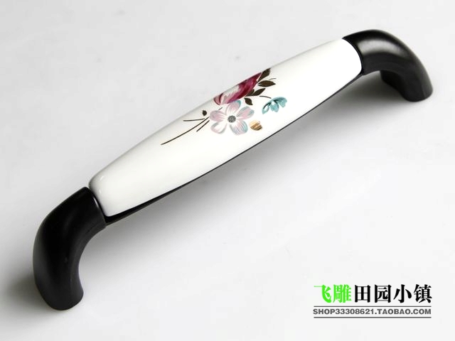 AAQ09BK 128mm hole distance black and white ceramic handle with tulip pattern for cabinet
