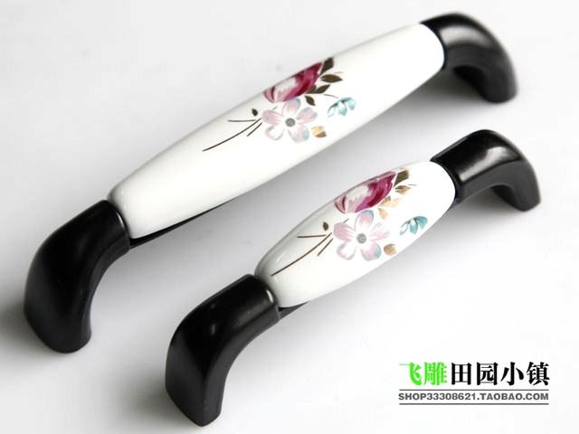 AAQ09BK 128mm hole distance black and white ceramic handle with tulip pattern for cabinet