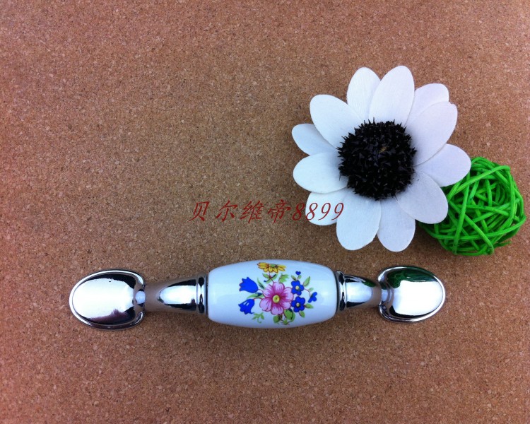 AB01PC 76mm hole distance long and flat brilliant silvery ceramic handle with red flower and blue flower for drawer/wardrobe/cupboard/cabinet