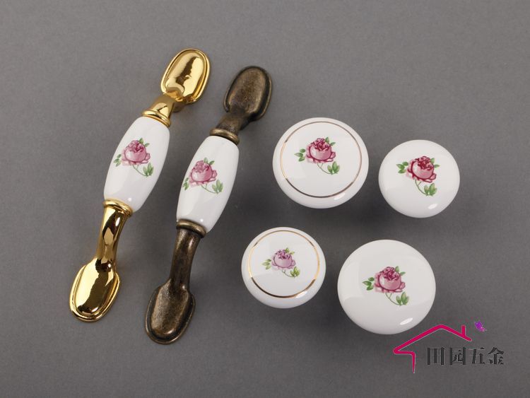 AB02AB 76mm hole distance long and flat bronze ceramic handle with pink rose pattern for drawer/wardrobe/cupboard/television cabinet/shoe cabinet