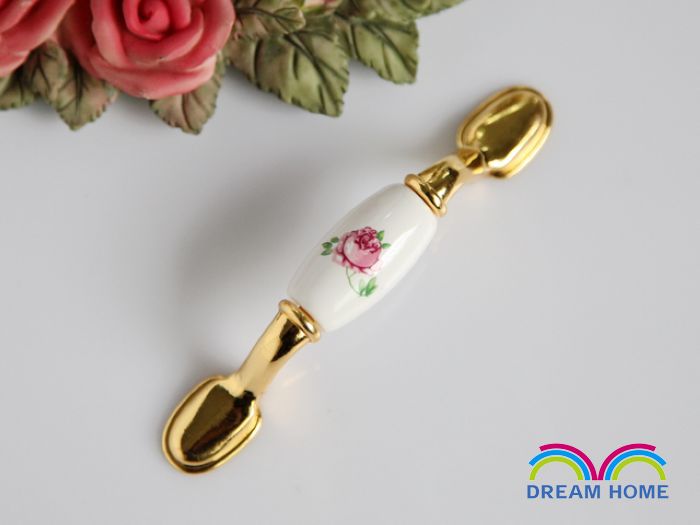AB02BGP 76mm hole distance long and flat golden ceramic handles with pink rose for drawer/cupboard/cabinet