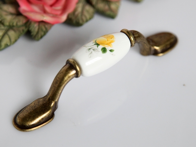 AB03AB 76mm hole distance long and flat bronze ceramic handle with yellow rose for drawer/cupboard/cabinet