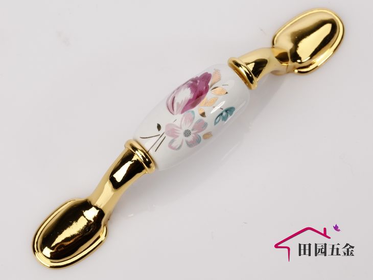 AB09BGP 76mm hole distance long and flat bright golden ceramic handle with tulip for drawer/wardrobe/cupboard/cabinet