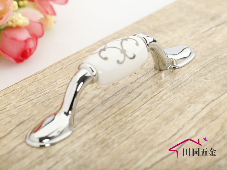 AB99PC 76mm long and flat silver flower ceramic knob for wardrobe/cupboard/television cabinet/shoe cabinet/drawer