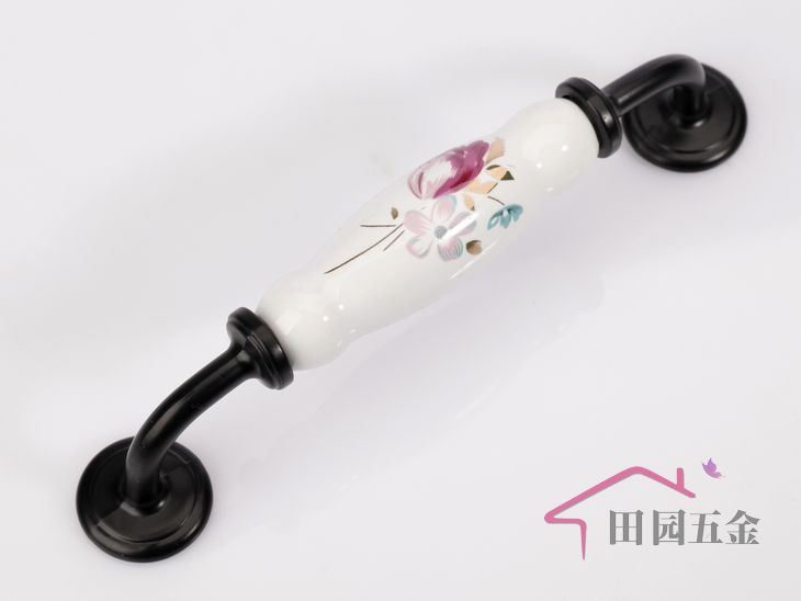 AI09BK 128mm hole distance bridge-shaped black and white ceramic handles with tulip pattern for wardrobe/cupboard