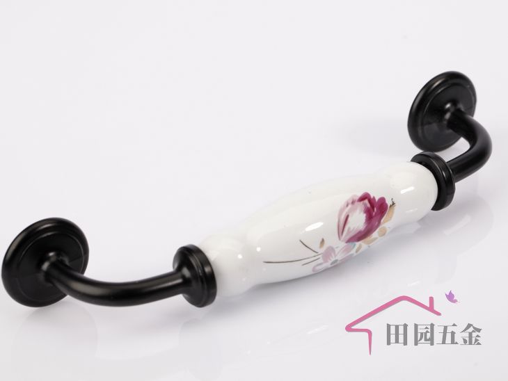 AI09BK 128mm hole distance bridge-shaped black and white ceramic handles with tulip pattern for wardrobe/cupboard