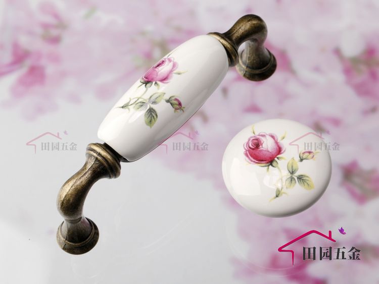 AJ07AB 96mm long and bend ceramic handle with budding flower for drawer/cupboard/cabinet