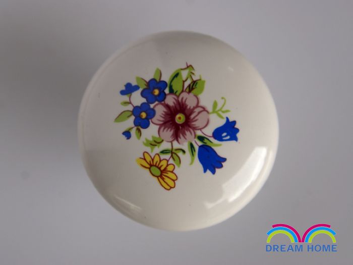 AP01 large round ceramic handle with red and blue flowers for drawer/wardrobe/cabinet