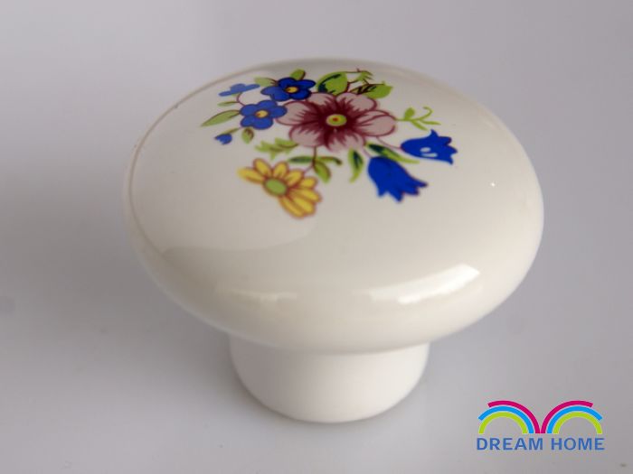 AP01 large round ceramic handle with red and blue flowers for drawer/wardrobe/cabinet