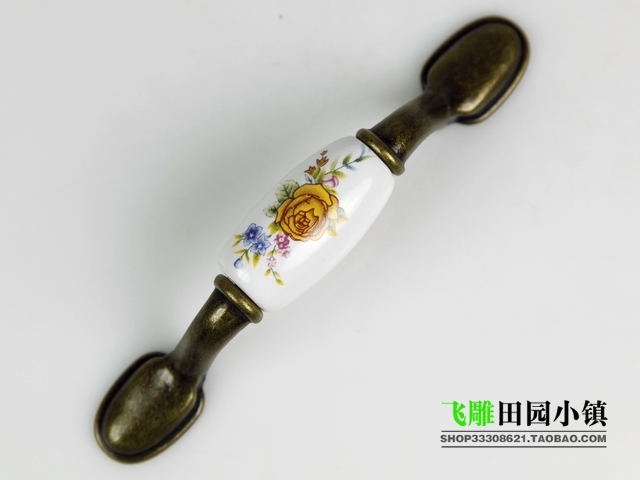 B42AB 76mm hole distance long and flat bronze antiqued ceramic handle with yellow rose pattern for drawer/wardrobe