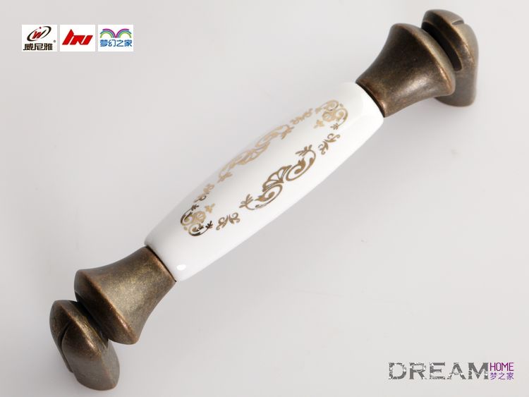 C511AE 96mm hole distance long birdge-shaped antiqued ceramic handle with small golden flower for drawer/wardrobe/cupboard/shoe cabinet
