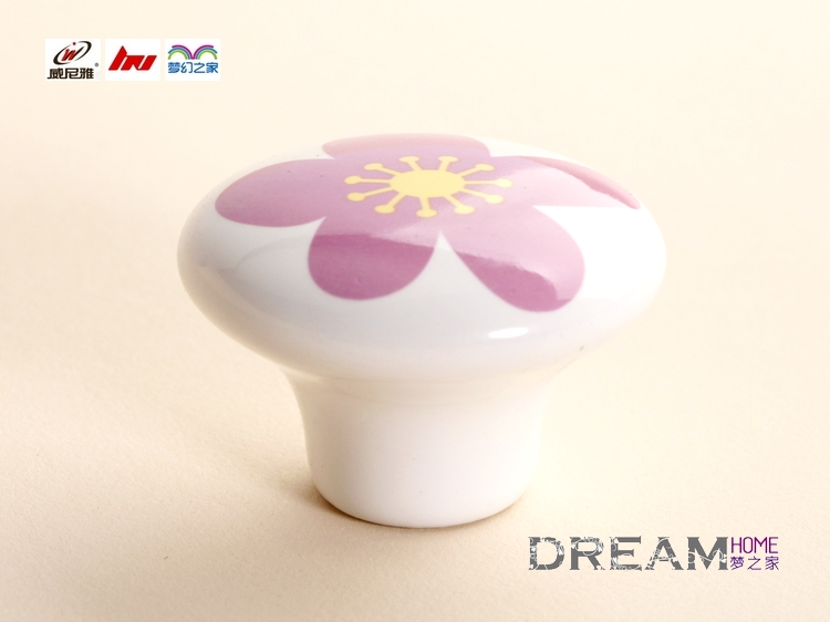 C51W68 single hole large round ceramic knob with pink five-petaled flower for wardrobe/cupboard/shoe cabinet/drawer