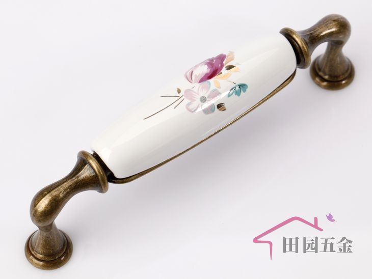 G09AB 128mm hole distance long and bend bronze antiqued ceramic handle with tulip for drawer/wardrobe/cupboard