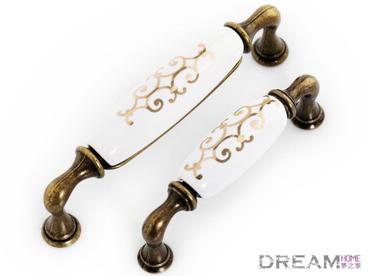 MAG88AB 128mm hole distance grand long and bend bronzed and antiqued ceramic handles with golden flowers for cabinet