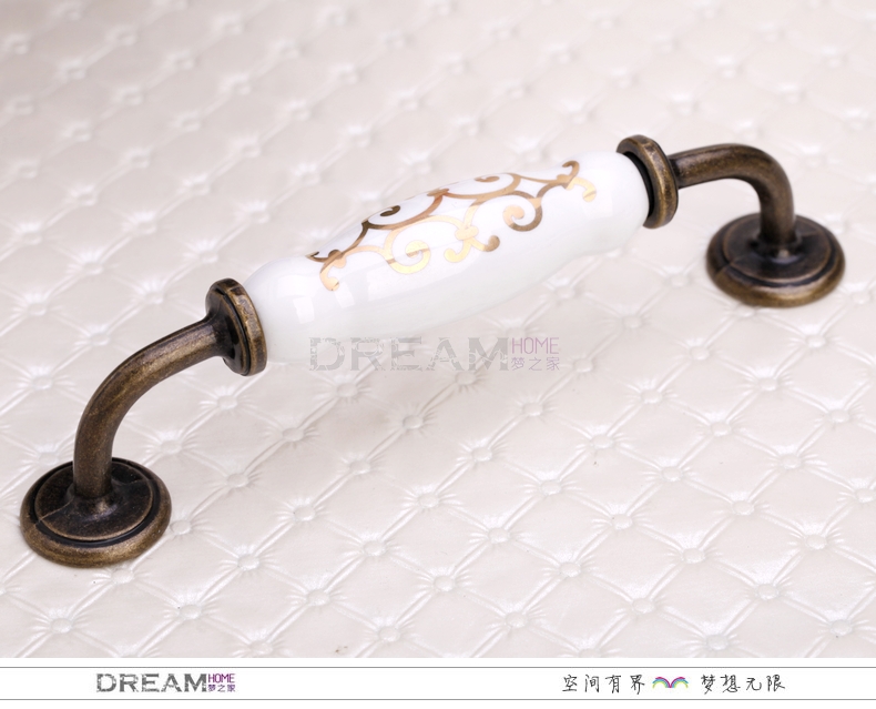 MAI88AB 128mm hole distance grand bridge-shaped bronzed and antiqued ceramic handles with golden flowers for cabinet