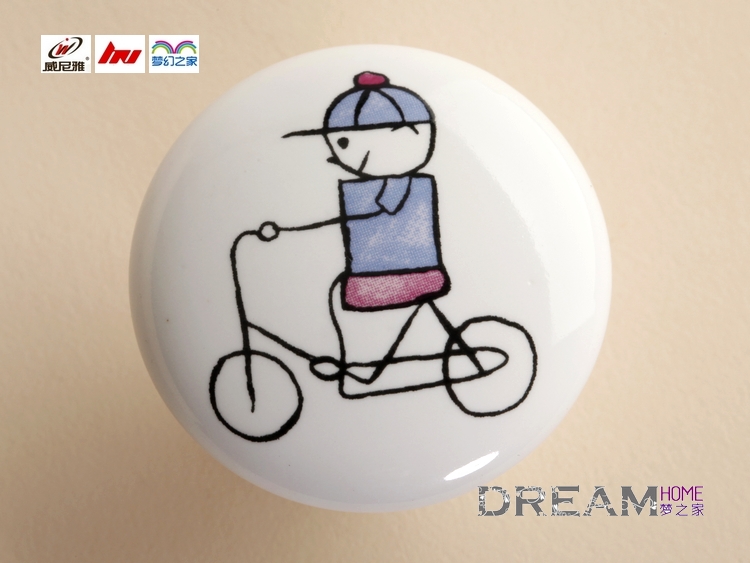 single hole cartoon ceramic knob with cycling boy pattern for drawer/wardrobe/shoe cabinet