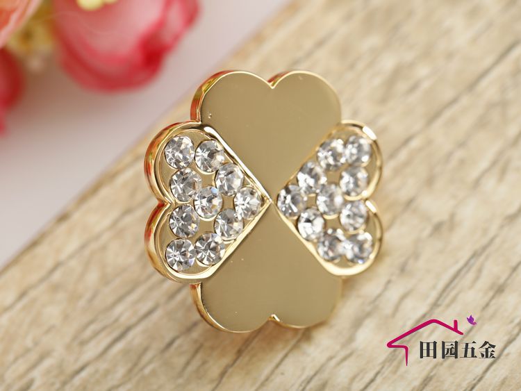 8501 single hole four-leaf clover-shaped golden mirror crystal knob with diamond for drawer/cupboard/cabinet