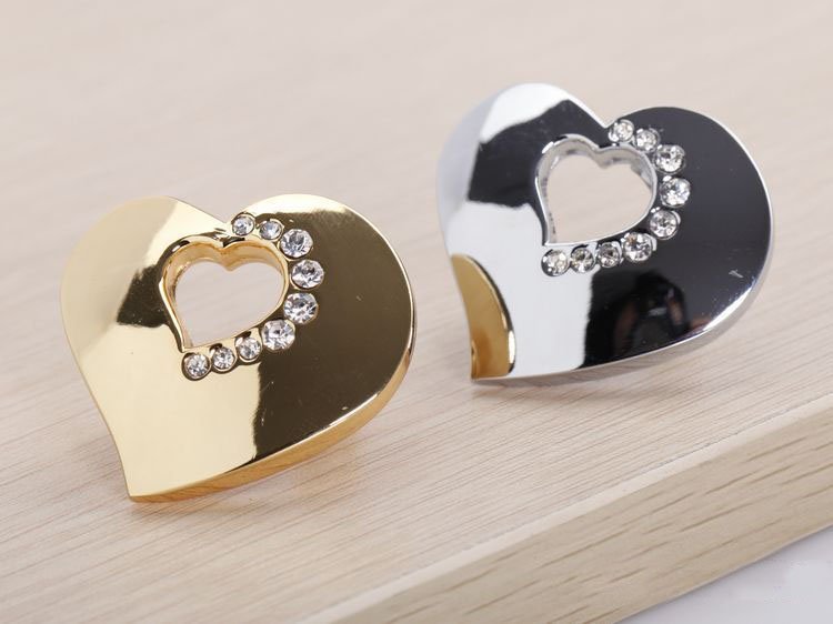 K9 Crystal Glass Gold Love Heart Handle Knob Cabinet Door New (Size: 35MM*20MM)