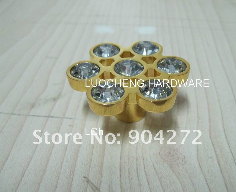 10PCS/ LOT FREE SHIPPING FLOWER CLEAR CRYSTAL KNOBS WITH ALUMINIUM ALLOY GOLD METAL PART