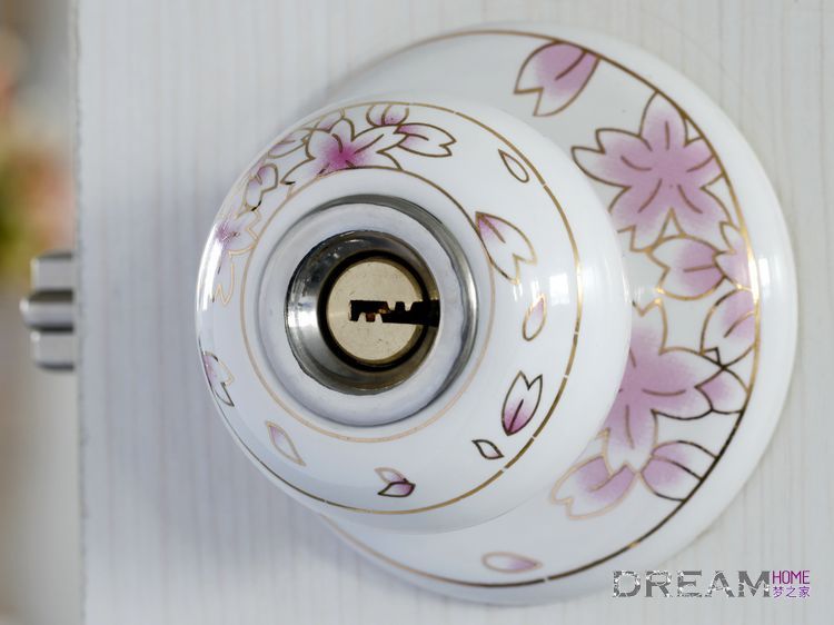 16SST white and silvery ceramic spherical locks with pink romantic oriental cherry pattern for bedroom door