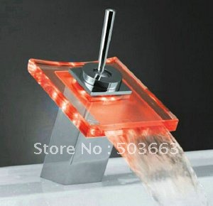 Beautiful Waterfall LED Colorful Light Faucet Battery Powered Chrome Mixer Glass and Brass Material Tap CM0840