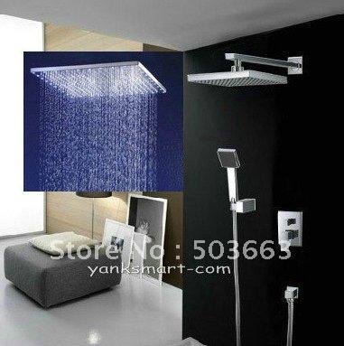 Chrome 10" LED Rainfall Shower head+ Arm + Hand Spray+Valve Shower Faucet Set CM0617
