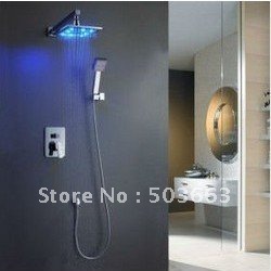 Europe Modern Square Style 8" LED Rainfall Shower Head Arm Control Valve Handspray Shower Faucet Set CM0562