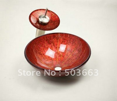 Fashion Hand Paint Color Washbasin Tempered Glass Sink With Brass Faucet Set L-0001