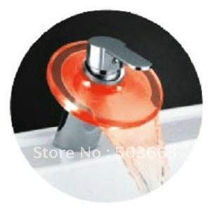 Free Ship Round LED 3 Colors Waterfall Faucet Battery Powered Chrome Mixer Bathroom Tap CM0831