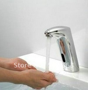 Free Ship Single Cold Automatic Hands Touch Free Sensor Brass Faucet Chrome Bathroom Sink ContemporaryTap CM0301