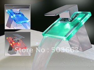 Hot Sell! Big Waterfall LED RGB Colors Faucet Battery Polished Chrome Mixer Bathroom Tap CM0823