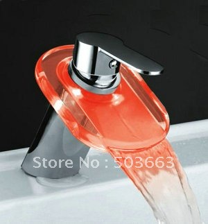 Hot Sell ! Contemporary Style LED 3 Colors Faucet Waterfall Chrome Mixer Glass and Brass Material Tap CM0835