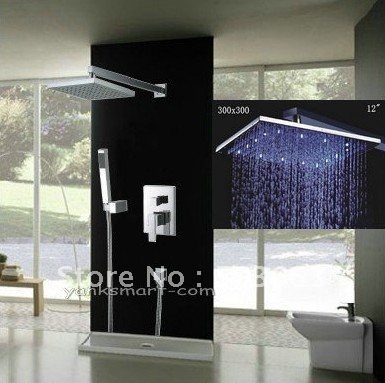 LED 12" LED Rainfall Shower head+ Arm + Hand Spray+Valve Shower Faucet Set CM0622