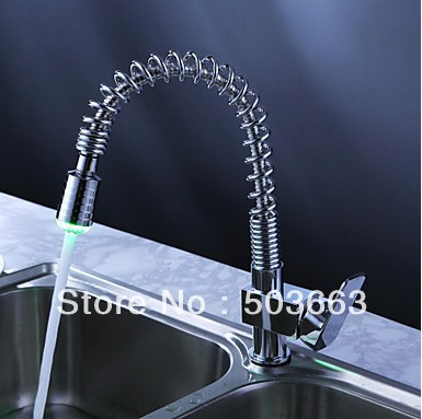 Solid Brass Spring Kitchen Faucet With Color Changing LED Light Pull Out Kitchen Faucet L-214
