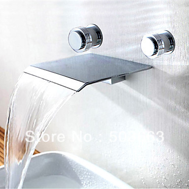 Two Handles Contemporary Widespread Waterfall Bathroom Chrome Sink Faucet Shower Set (Wall Mount) L-0179