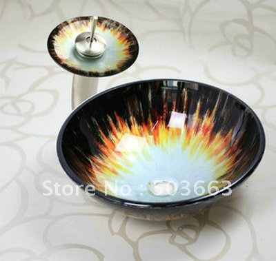 Victory Hand Paint Vessel Washbasin Tempered Glass Basin & Brass Faucet Set