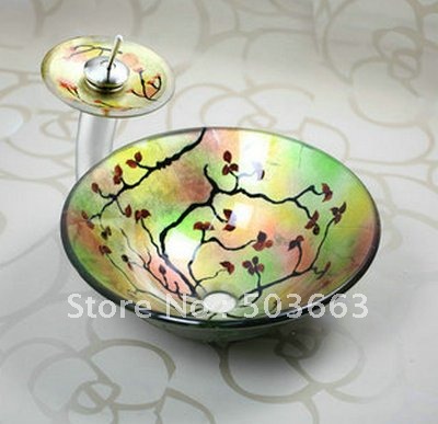 Victory Hand Paint Vessel Washbasin Tempered Nice Glass Sink Brass Tap Set