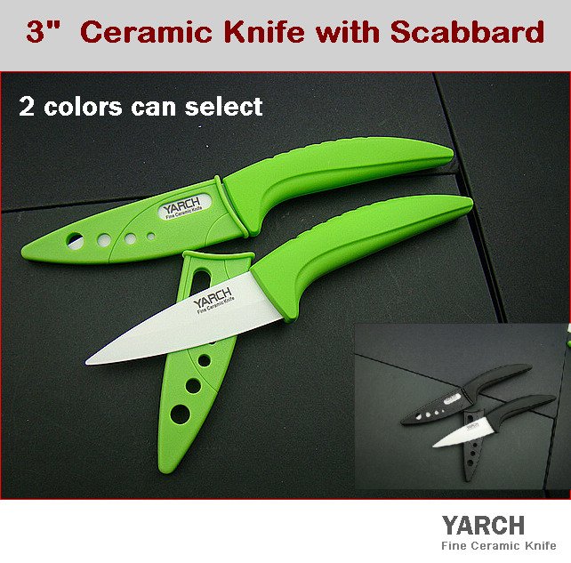 YARCH 3"  Fruit Vegetable ceramic knife with Scabbard + retail box ,2 color  handle select. 2PCS/lot , CE FDA certified