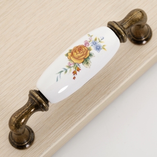 AJ42AB 96mm hole distance long and bend bronze antiqued ceramic handle with yellow rose for drawer/wardrobe Model: AJ42AB