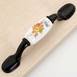 B42BK 76mm hole distance long and flat black antiqued ceramic handle with yellow rose pattern for drawer/wardrobe