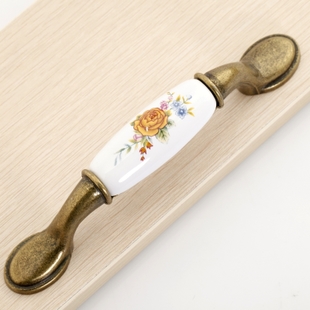 AA42AB 96mm large long and flat bronze antiqued ceramic handle with yellow rose for drawer/wardrobe