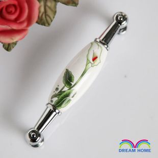 96mm hole distance bright silvery long pull ceramic handles with calla lily for cabinet/drawer/cupboard