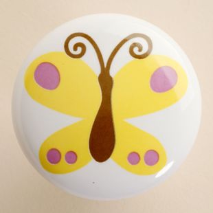 single hole large round cartoon ceramic knob with yellow butterfly pattern for drawer/wardrobe/cabinet