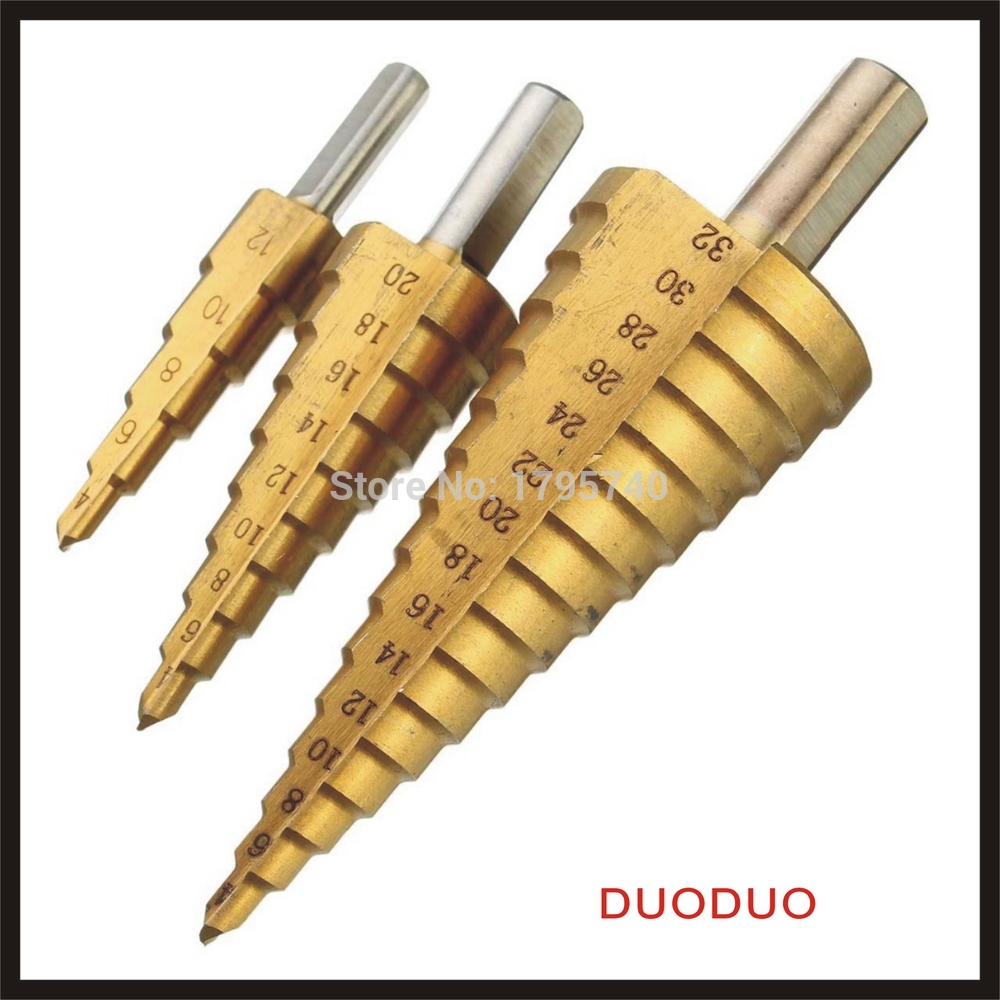 3pcs hss steel large step drill bit set 4-12/20/32mm cone titanium coated metal drilling cut tool hole cutter whole price