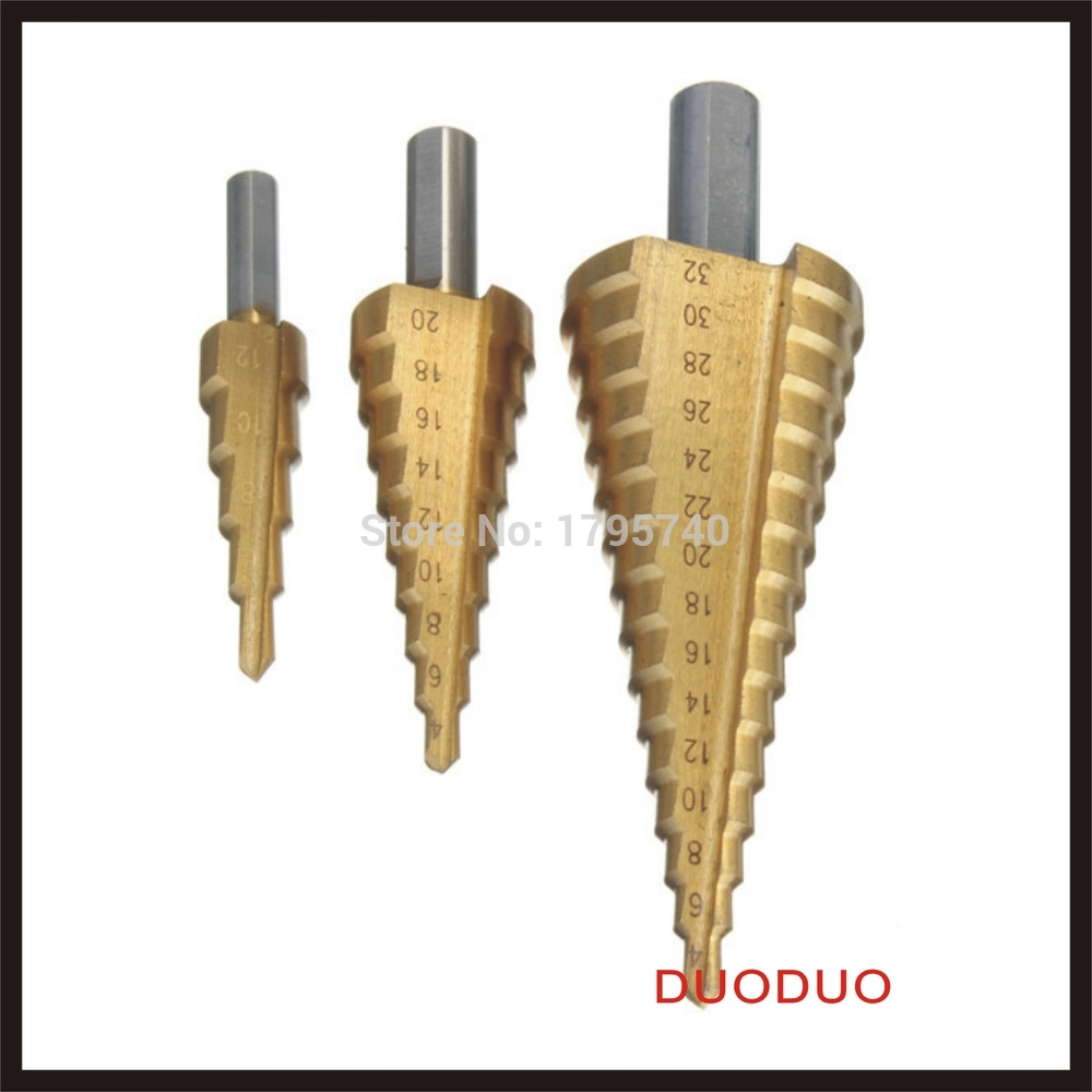 3pcs 4-12/4-20/4-32 high speed steel step drill bit set round shank wood and metal drilling