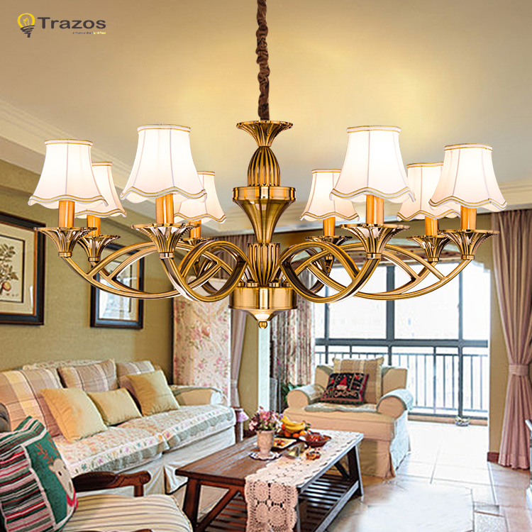 european royal style led chandelier with lampshade home light fixture lustres de teto antique brass iron pendante