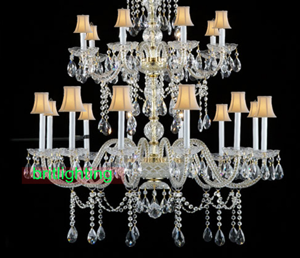 gold finish large crystal chandelier high quaity huge chandeliers with fabric lampshade big room chandelier with crystal pendant
