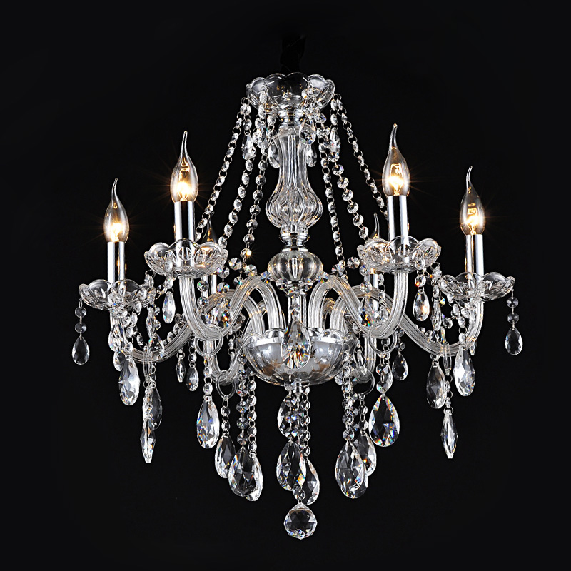 led crystal chandelier light 6 lights transparent k9 crystal metal chrome chandeliers for dinning room
