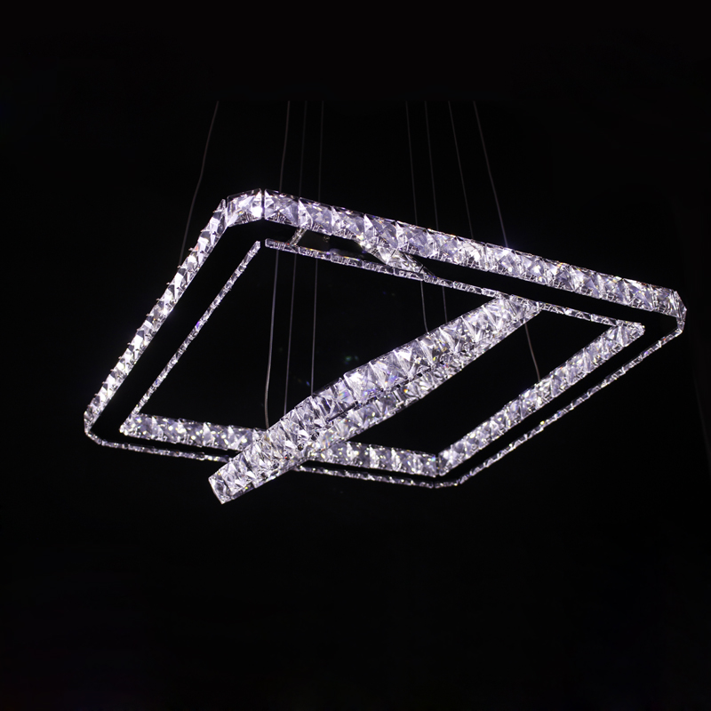 modern led pendant lamp stainless steel 2 square rings chrome finish transparent k9 crystal led pendant lights for dinning room